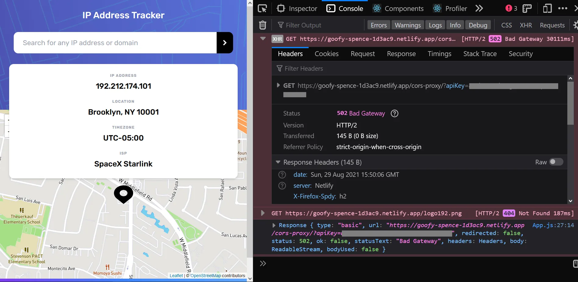 Developer tools with 502 response message