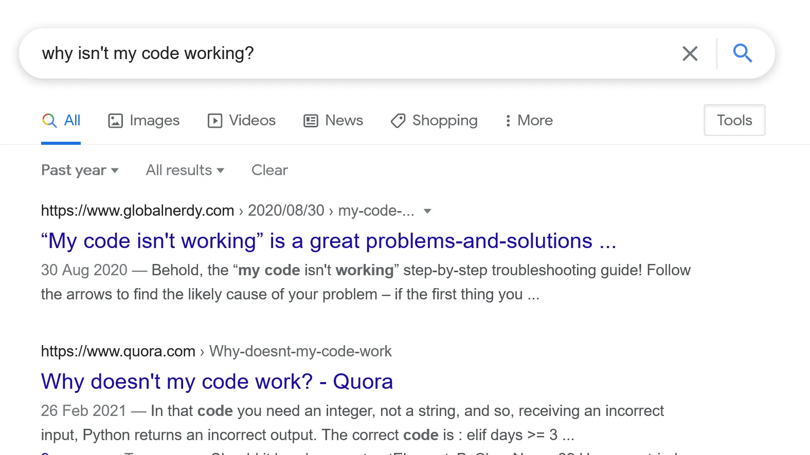 Google search for “Why isn’t my code working?”