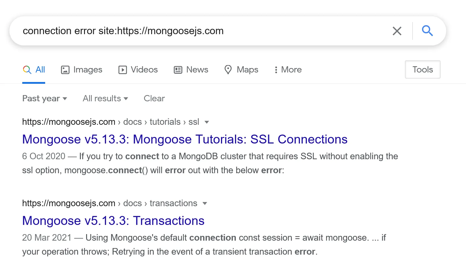 Google search within Mongoose.js documentation