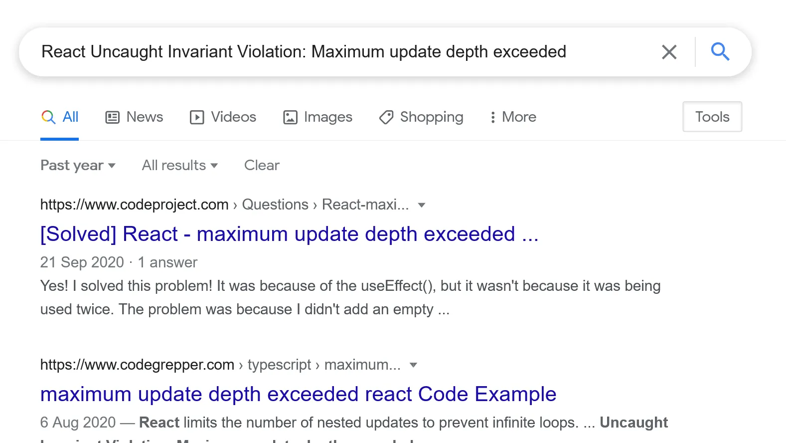 Google search for React error message