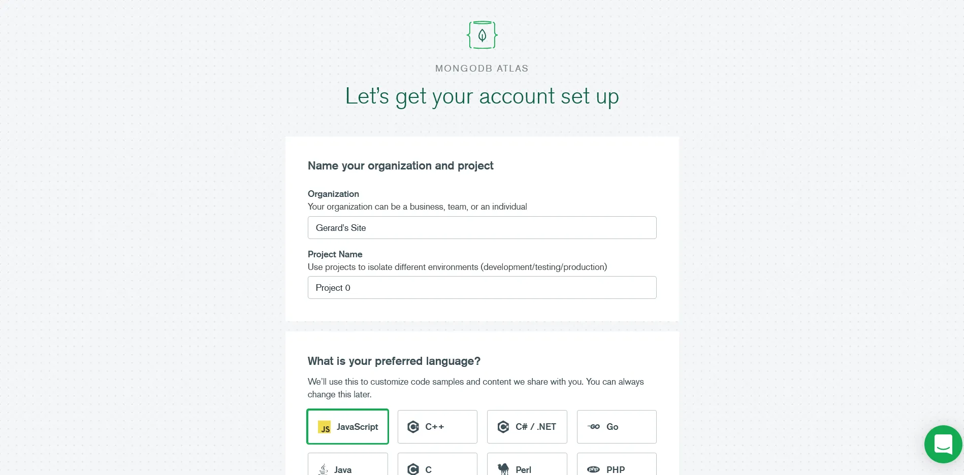 MongoDB Atlas account setup page