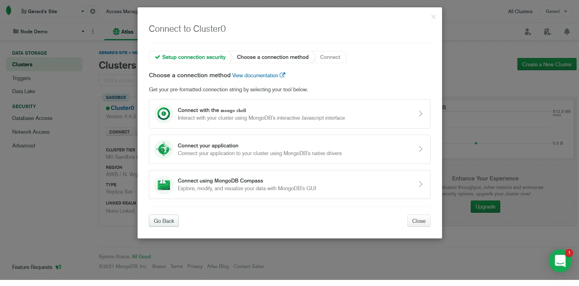 MongoDB Atlas connect modal