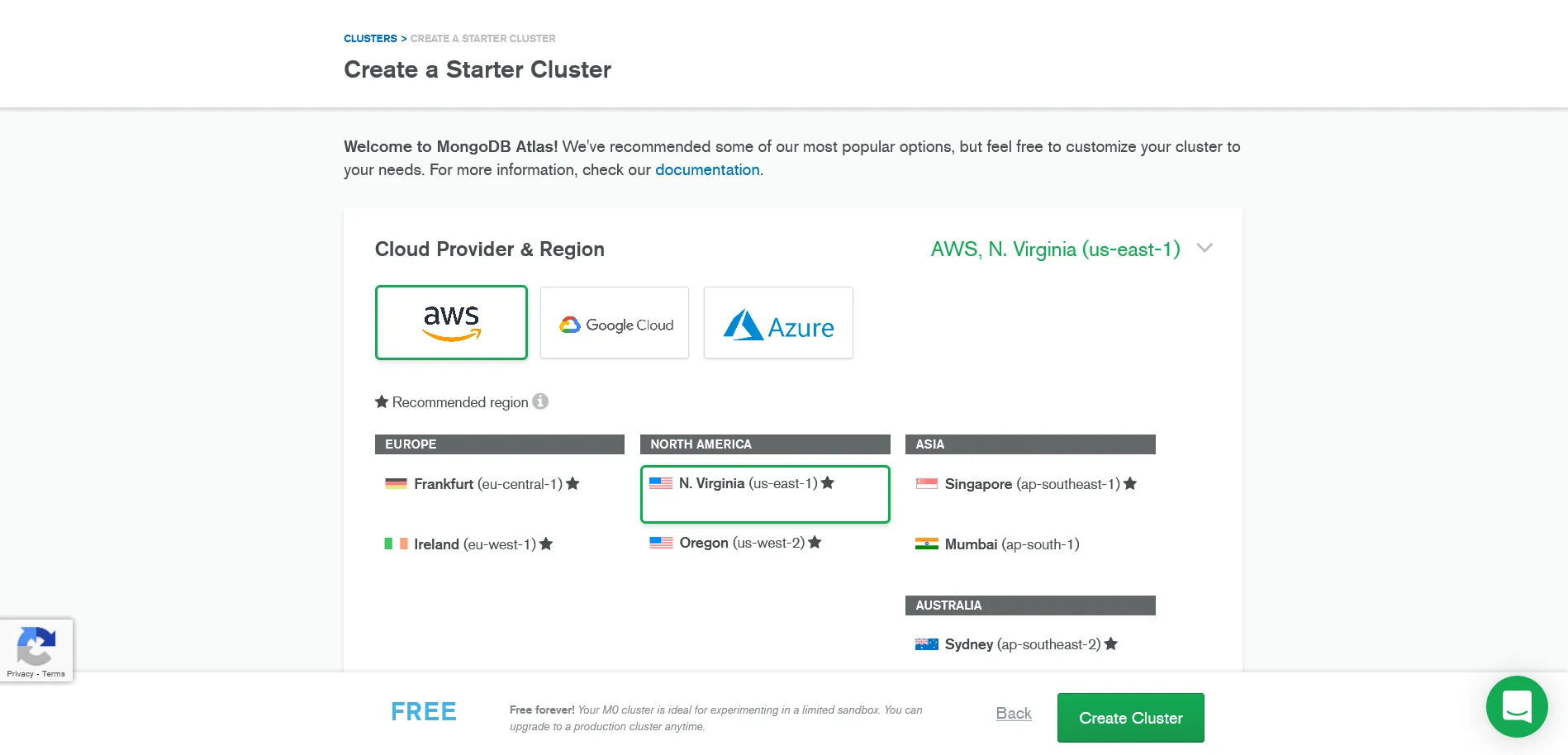 MongoDB Atlas create cluster page