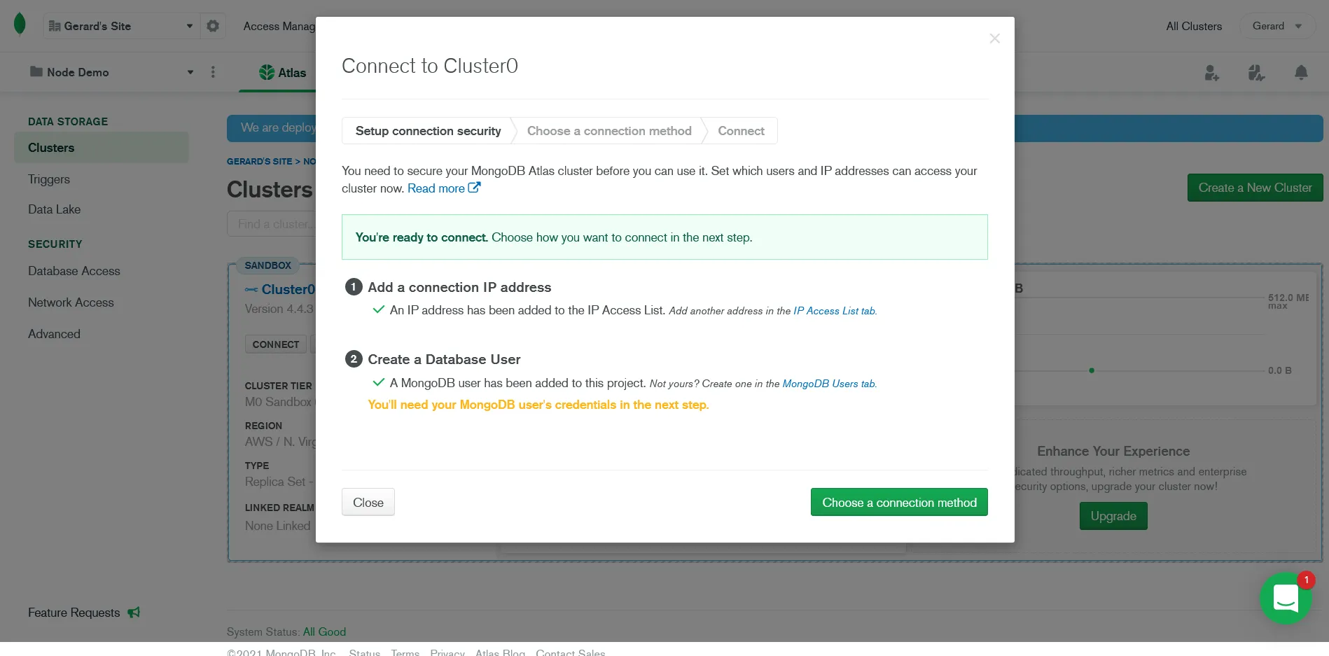MongoDB Atlas IP and user setup