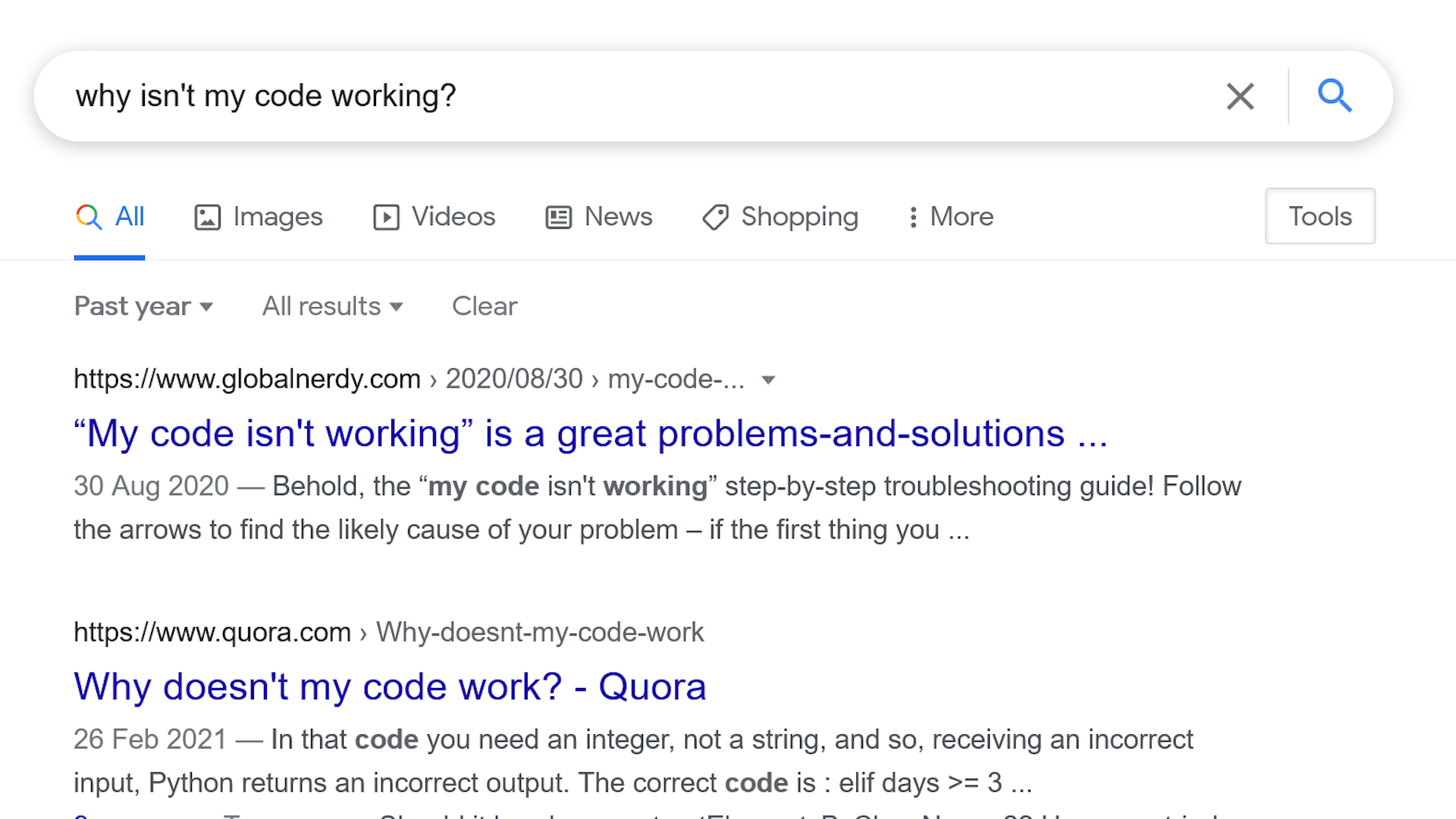 Google search for "Why isn't my code working?"