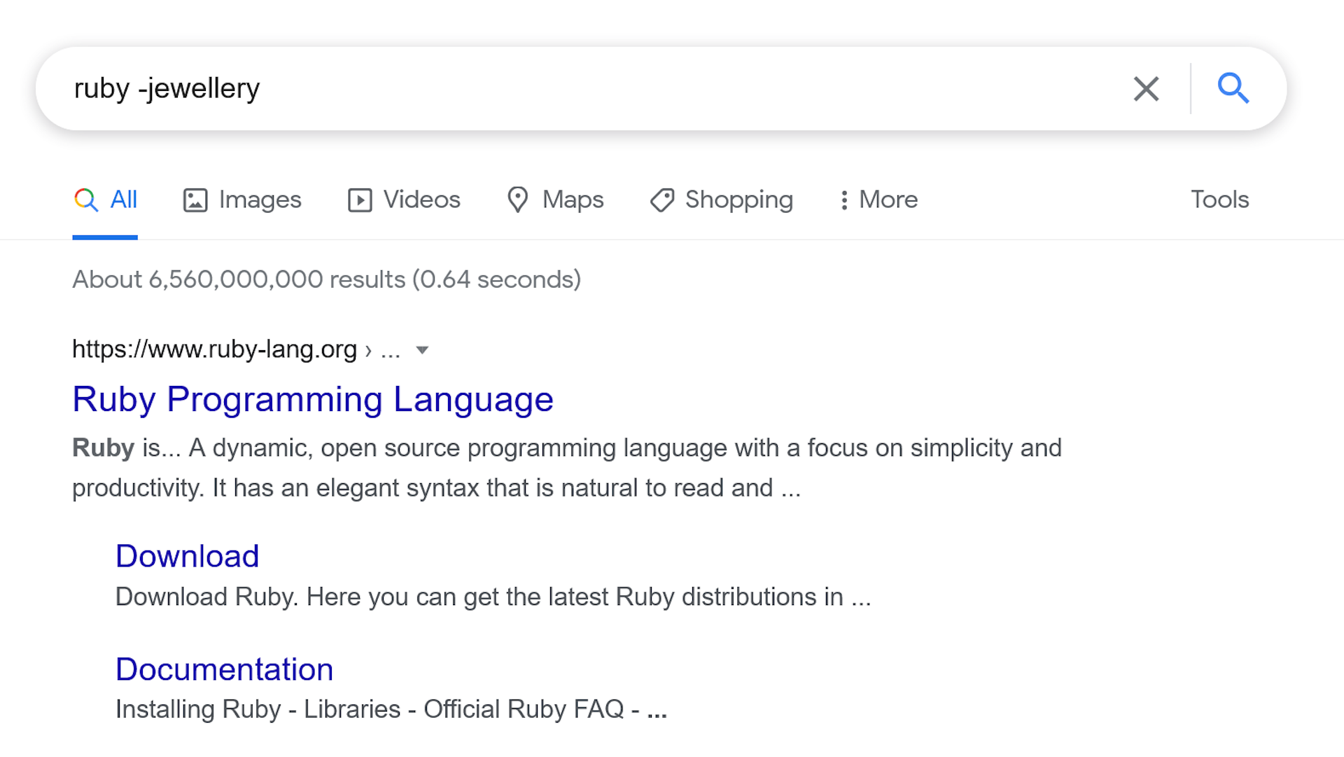 Google search for ruby, excluding jewellery