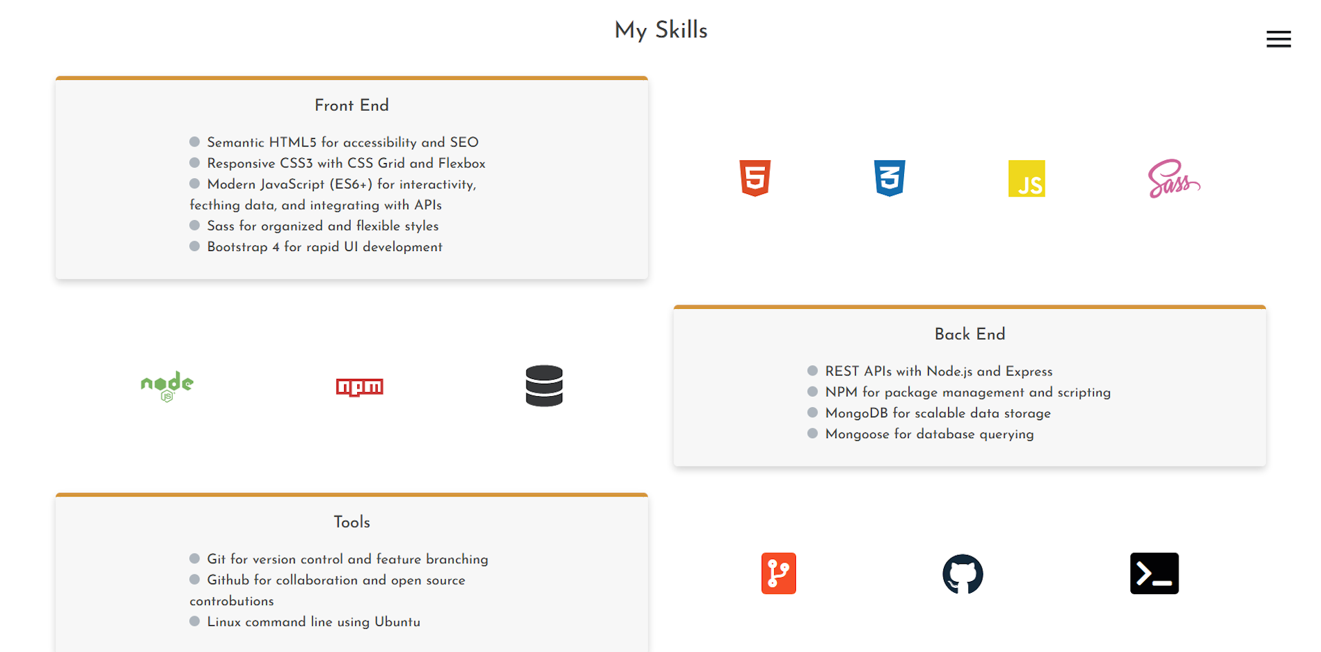 Screenshot of skills section from old site